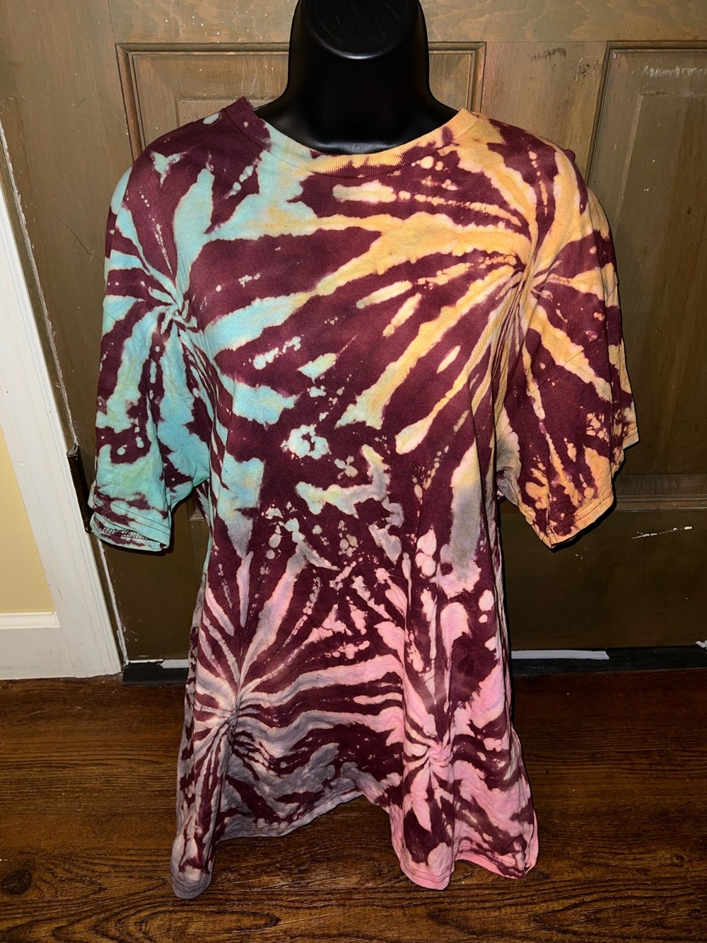 Burgundy Multicolor Tie Dye Firework Retro Handmade Short Sleeve Shirt Size XL - Picture 4 of 10